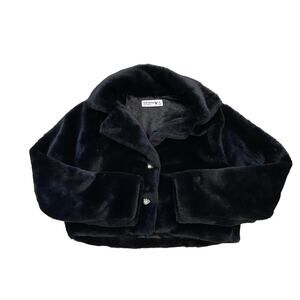 Girls Knit Works Black Faux Fur Cropped Collared Jacket, Bling Heart Buttons, 7